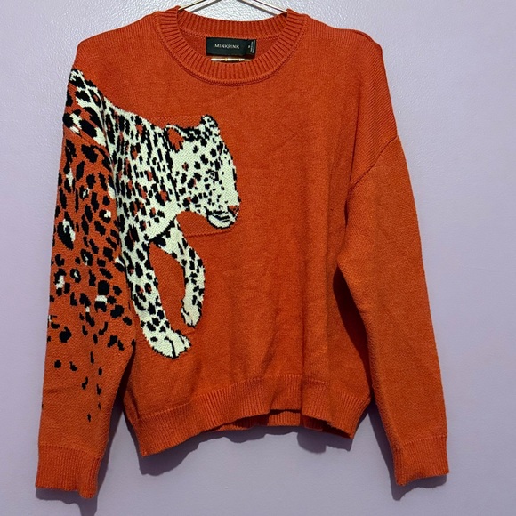 MINKPINK Orange Leopard Sweater M Burnt Orange - Picture 1 of 5